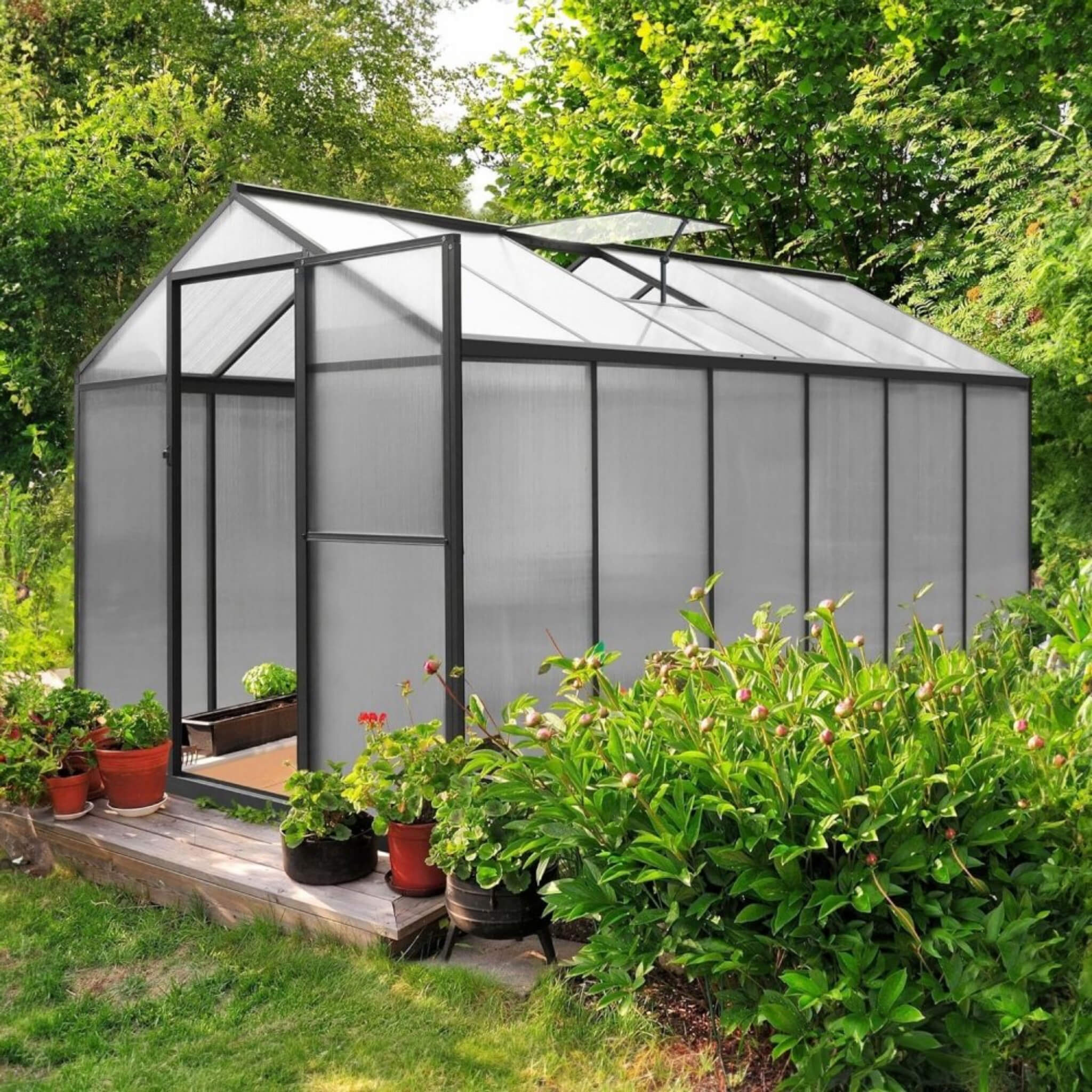 [06X12FT] Premium Polycarbonate Gray Walk-In Greenhouse Kit With Adjustable Vent And Lockable Door