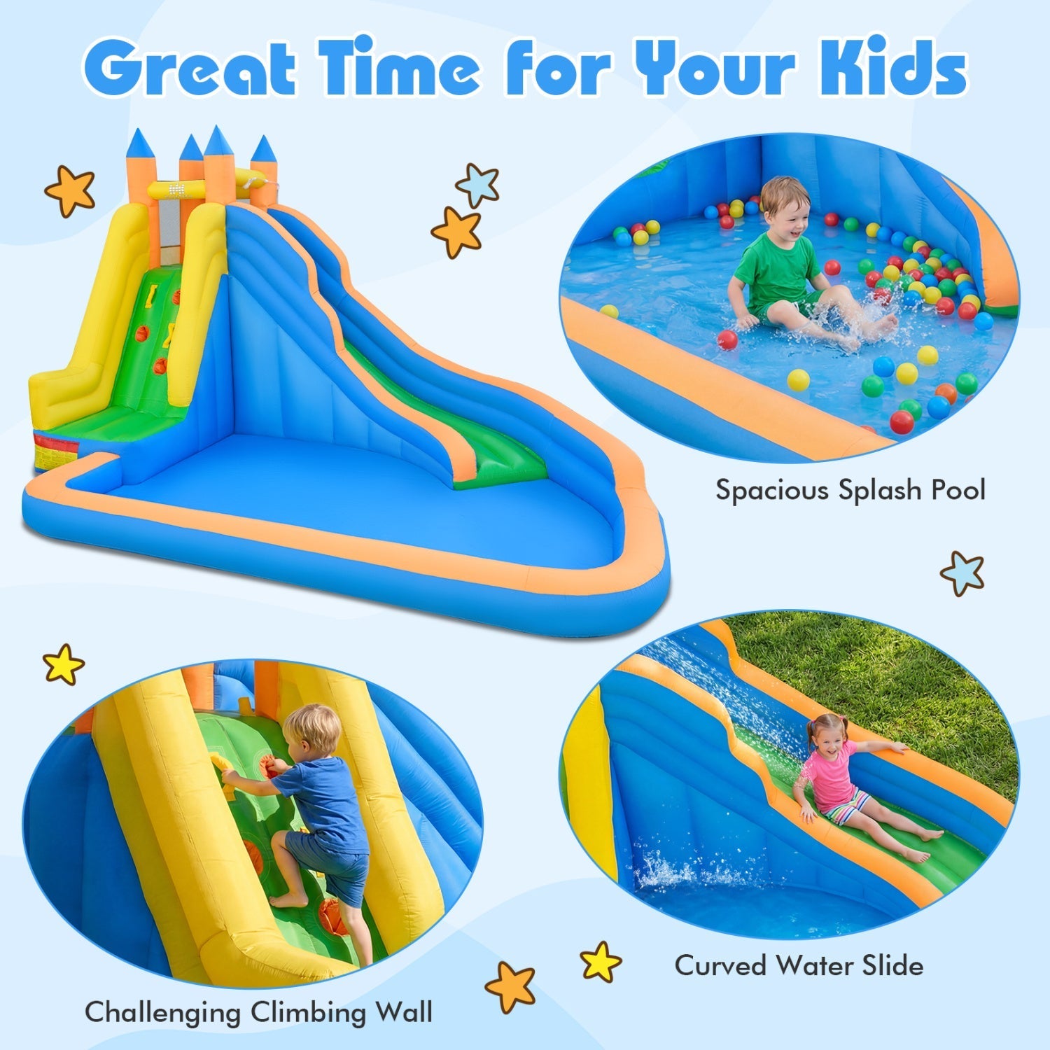 Inflatable Water Slide with Curved Slide and 680W Blower