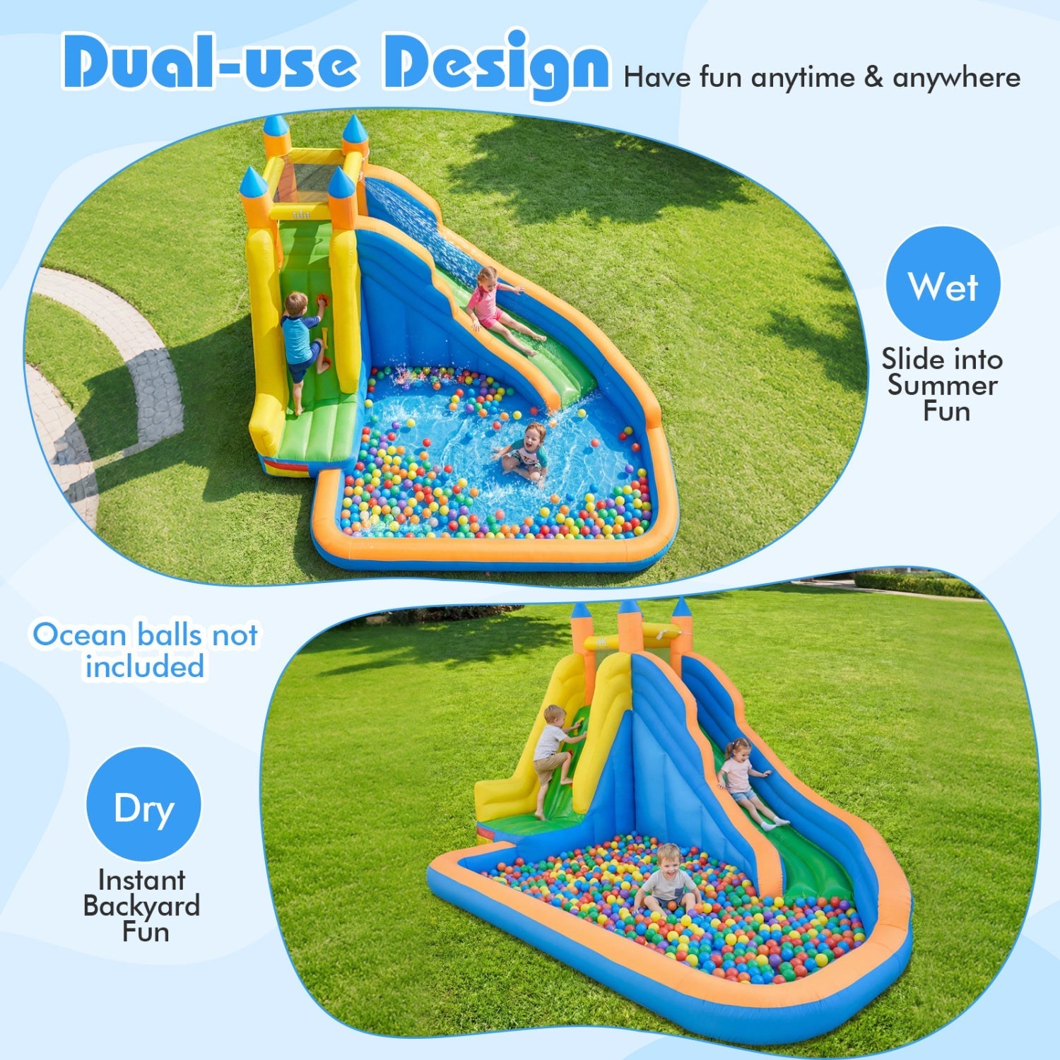 Inflatable Water Slide with Curved Slide and 680W Blower