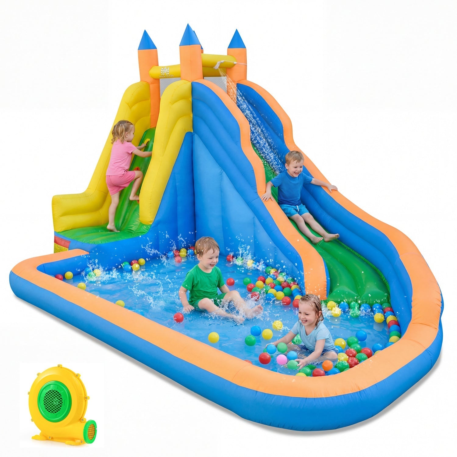 Inflatable Water Slide with Curved Slide and 680W Blower